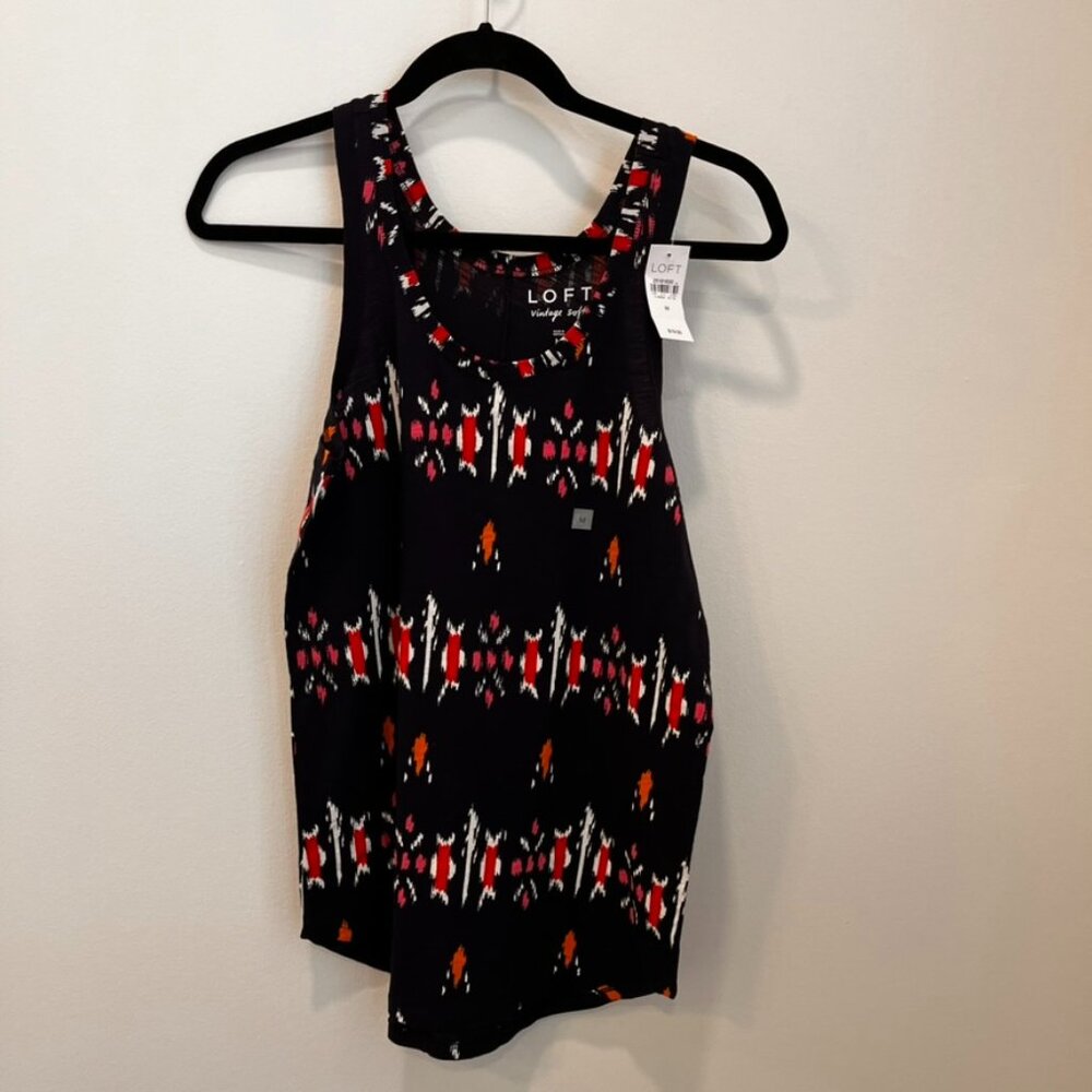 LOFT Vintage Soft Tank Top Navy Blue Ikat Print Cotton Sleeveless M 25181630